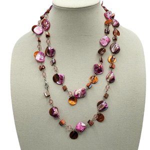 Necklace Beaded Silver Tone Pink Dyed Shell Single Strand Long Jewelry 47"
